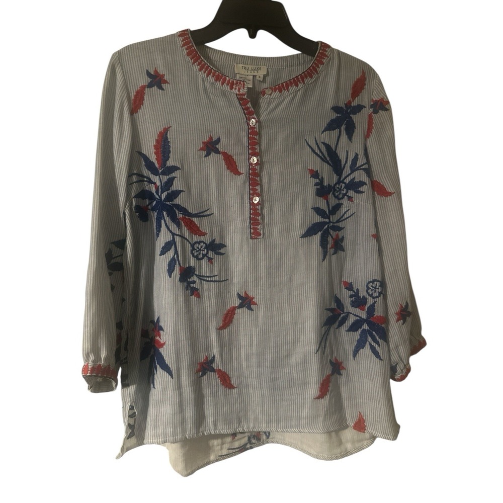 True Luxe Jeans Red, White & Blue Lots Of Floral Embroidery Tunic Striped Size S